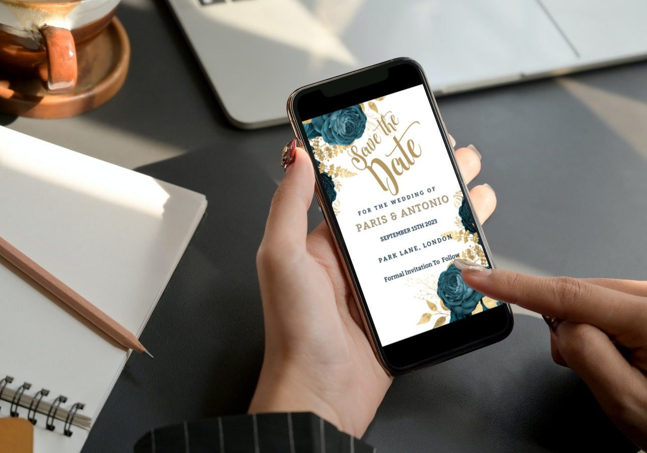 Person holding a smartphone displaying a Rustic Gold Blue Save The Date Wedding Evite template from URCordiallyInvited, ready to be customized and sent digitally.