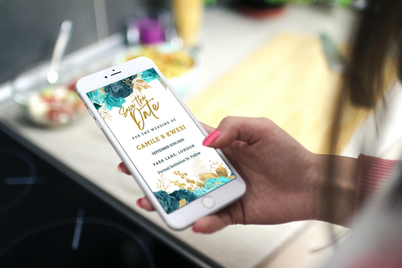 A hand holding a phone displaying a Teal Blue Gold Leaf Boho Save The Date Wedding Evite template for personalizing via Canva.