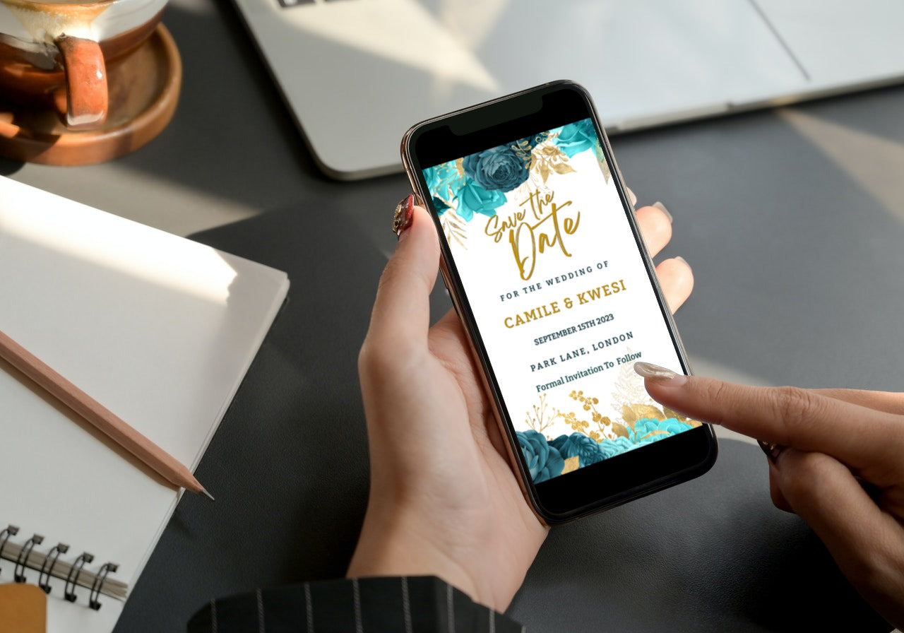 Person holding a phone displaying the Teal Blue Gold Leaf Boho Save The Date Wedding Evite template, ready for customization using the Canva design app.