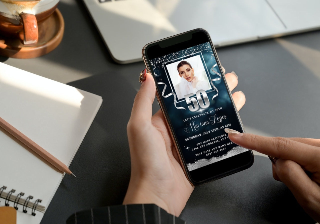 Person holding a phone displaying a customizable Navy Silver Glitter 50th Birthday Evite with a photo of a woman, ready for personalization via Canva.