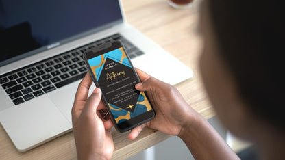 Person holding a smartphone displaying the Blue Gold Abstract Print | Customisable Party Evite template, ready for editing via Canva.