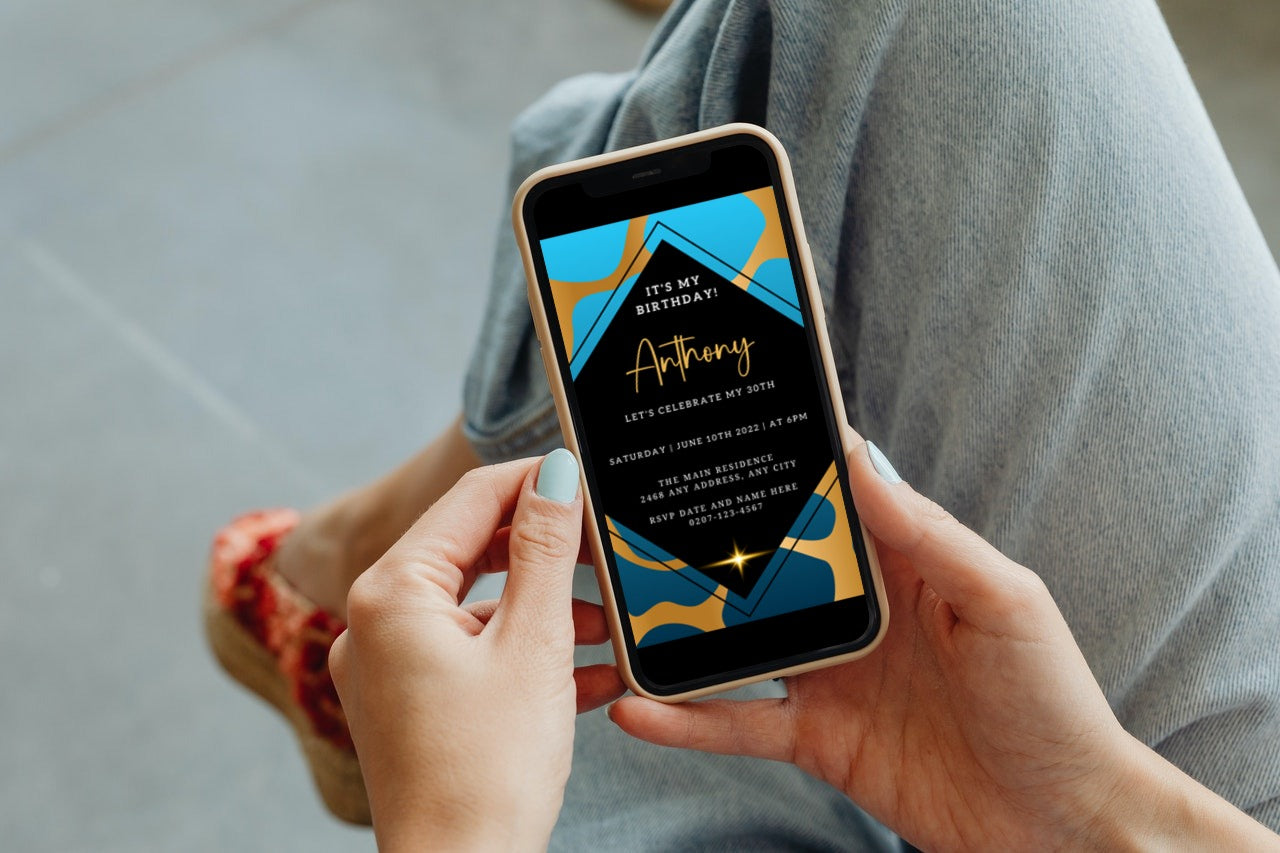 A hand holding a smartphone displaying a customisable Blue Gold Abstract Party Evite invitation template, ready for personalisation via Canva.
