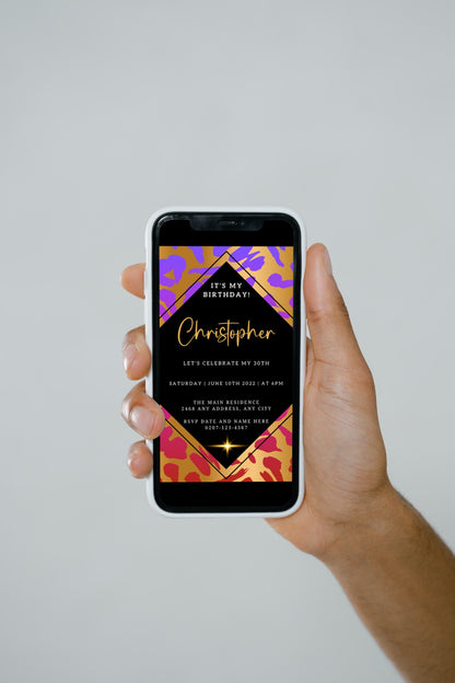 Hand holding a smartphone displaying the Lilac Gold Animal Print Customisable Party Evite, designed for easy personalization and digital sharing via Canva.
