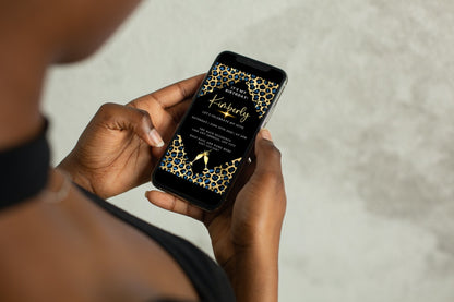 Person holding a smartphone displaying the Blue Gold Leopard Animal Print | Customisable Party Evite template from URCordiallyInvited, ready for personalisation via Canva.