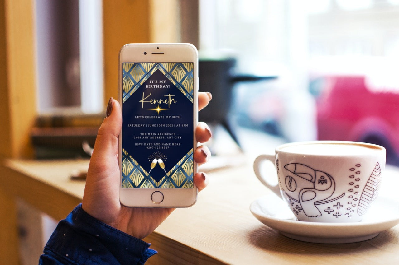 Hand holding a smartphone displaying a Gold Blue Diamond Art Birthday Party Evite, customizable via Canva for electronic invitations.