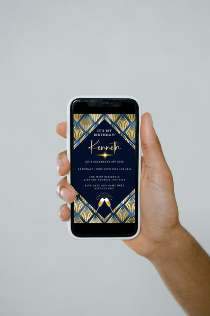 Hand holding a smartphone displaying the Gold Blue Diamond Art Birthday Party Evite, a customizable digital invitation template available for download and personalization via Canva.