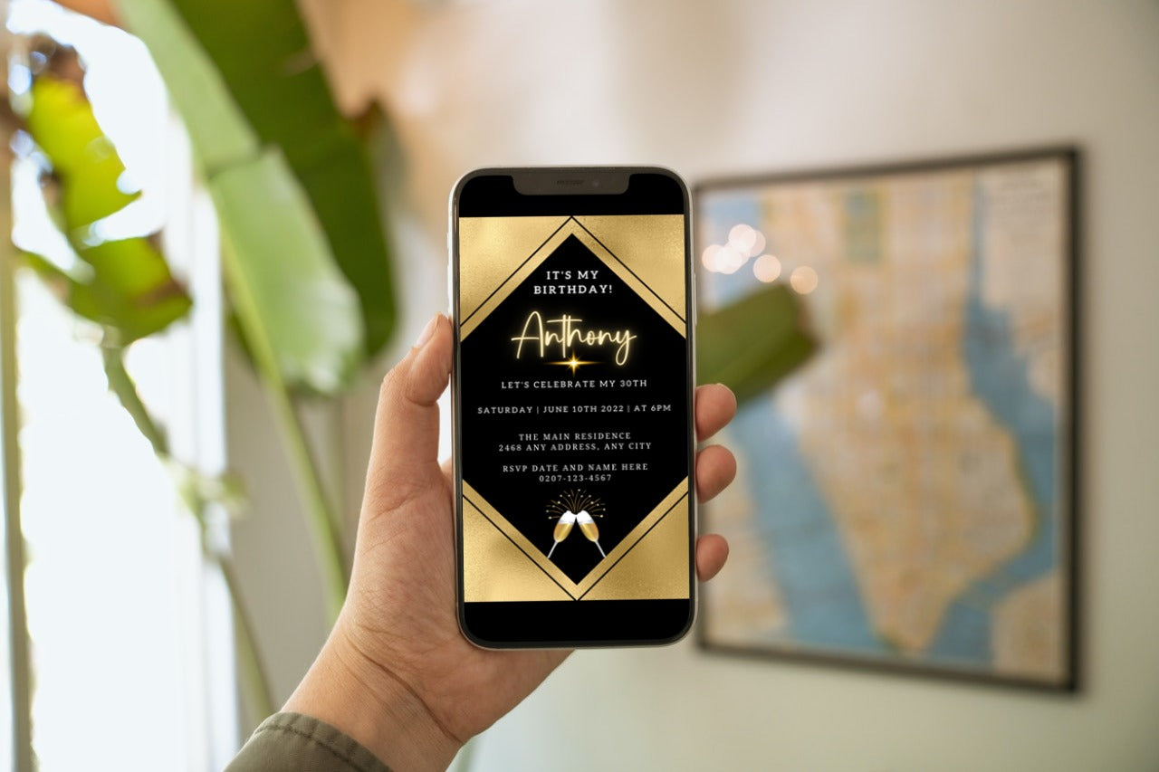 A hand holding a smartphone displaying a customizable Gold Black Champagne Birthday Party Evite template.