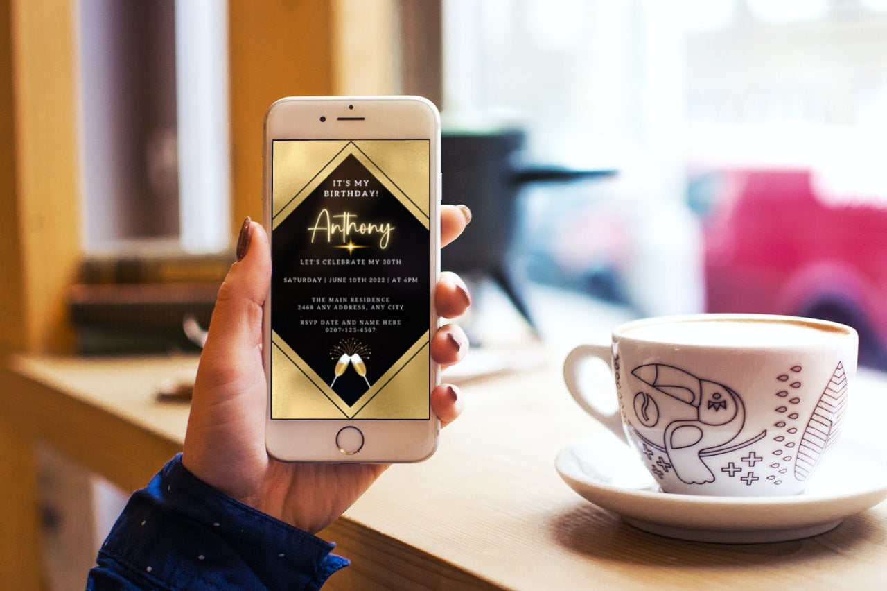 Hand holding a phone displaying a Gold Black Champagne Birthday Party Evite template, customizable via Canva for electronic invitations.