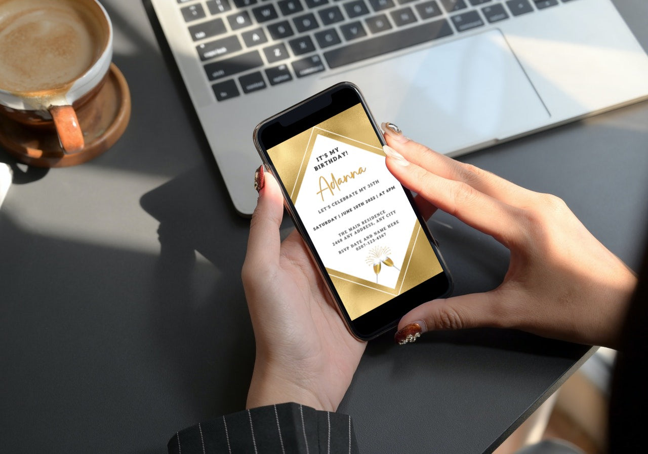 Person holding a smartphone displaying the Gold White Champagne Birthday Party Evite, a customizable digital invitation template available for download and editing on Canva.