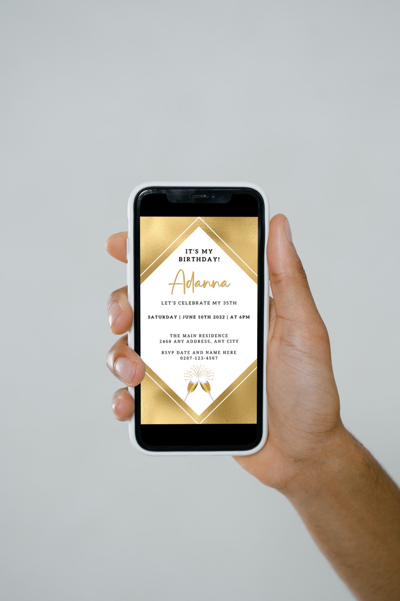 Hand holding a smartphone displaying a customizable digital Gold White Champagne Birthday Party Evite template, ready for personalization and electronic sharing.