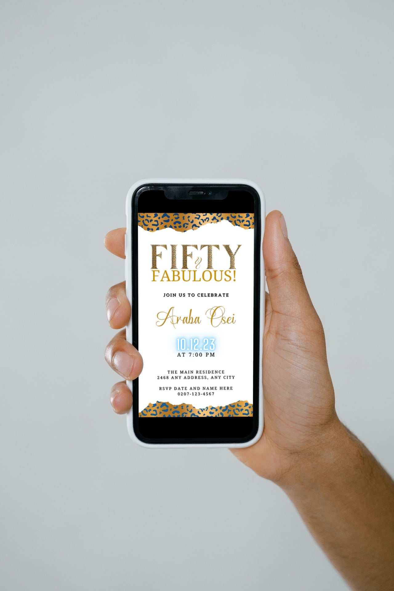 Hand holding a smartphone displaying a customizable Digital Neon Gold Blue White Leopard '50 & Fabulous' Party Evite from URCordiallyInvited.