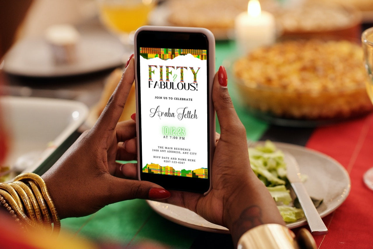Person holding a smartphone displaying the customizable Green Yellow Kente White | 50 & Fabulous Party Evite template from URCordiallyInvited.