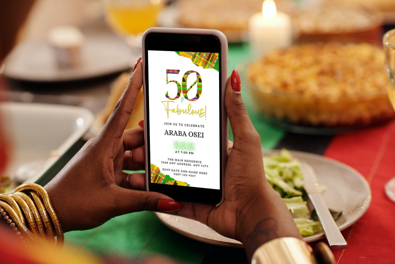 A person holding a smartphone displaying the customizable Green Yellow Kente White | 50 & Fabulous Birthday Evite template.