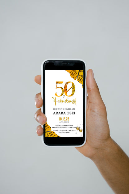 Hand holding a smartphone displaying a customizable Digital African Ankara Yellow White | 50 & Fabulous Birthday Evite template from URCordiallyInvited.