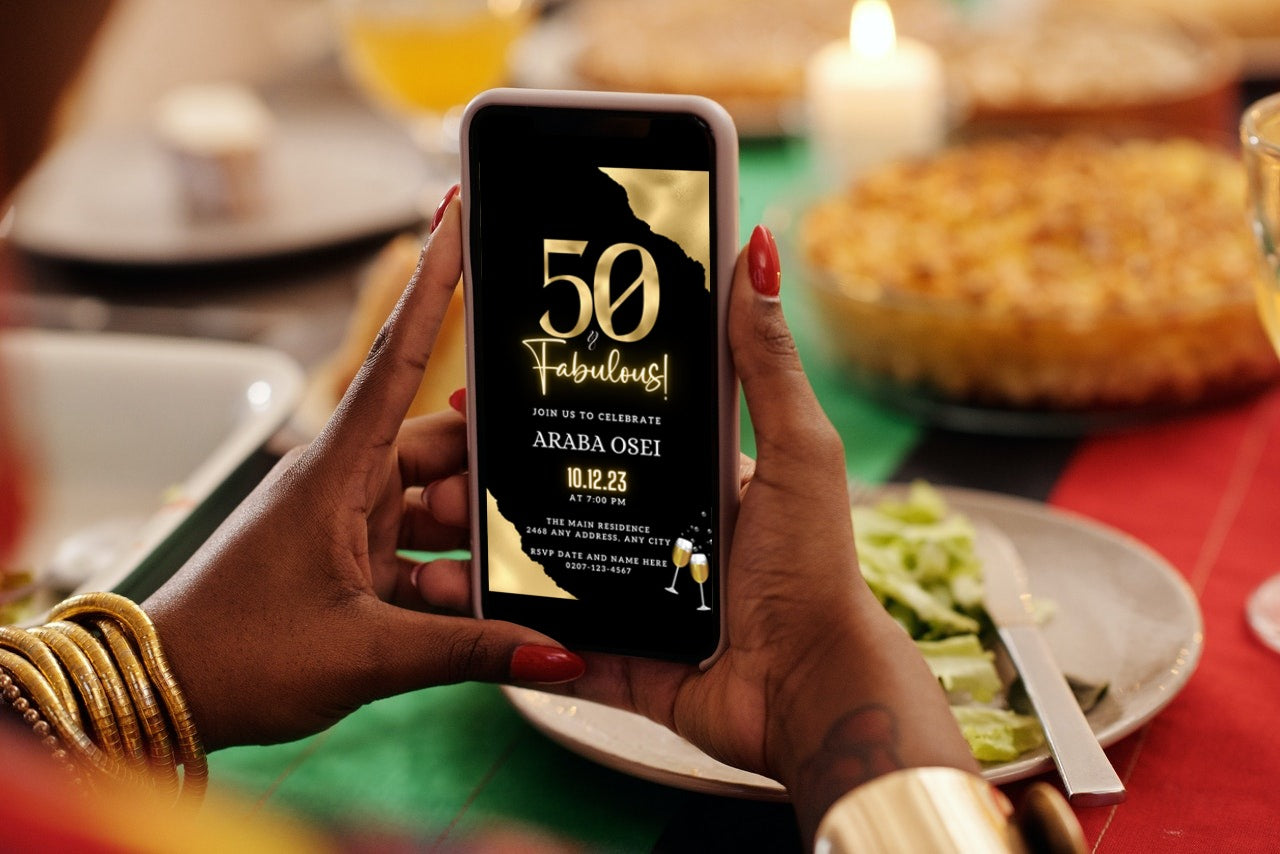 Person holding a phone displaying a customizable Gold Neon Black | 50 & Fabulous Party Evite template from URCordiallyInvited.