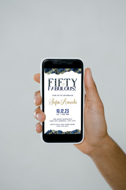 Hand holding a smartphone displaying a customizable Gold White Blue Tropical Fifty & Fabulous Party Evite template from URCordiallyInvited.