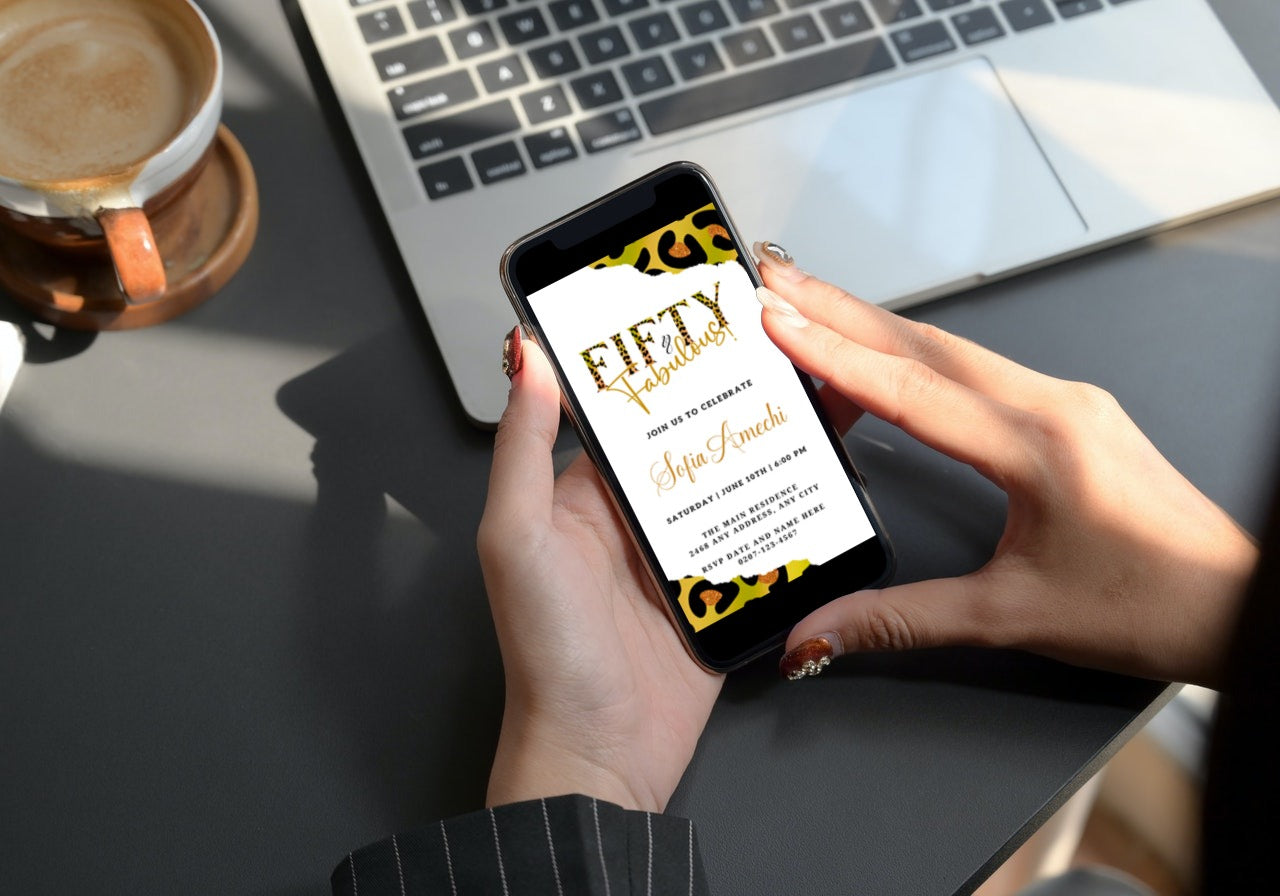 Close-up of a hand holding a smartphone displaying the customisable Green Gold Neon White Animal Print | Fifty & Fabulous Party Evite template from URCordiallyInvited.