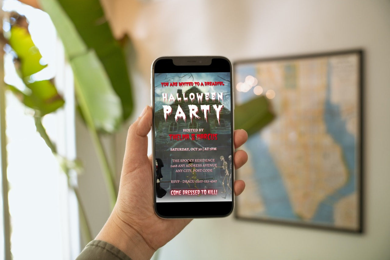 Hand holding a cell phone displaying a Hunted House & Ghosts Halloween Party Video Invite, ready to be personalized and shared digitally.