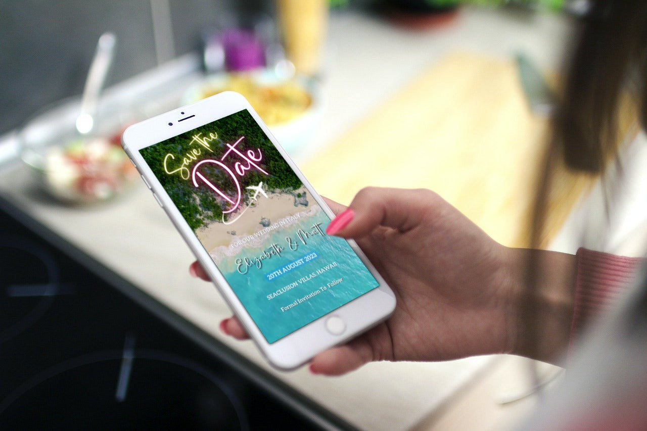 Hand holding a phone displaying Exotic Beach Destination | Save The Date Video Invitation template, customizable via Canva for digital sharing.