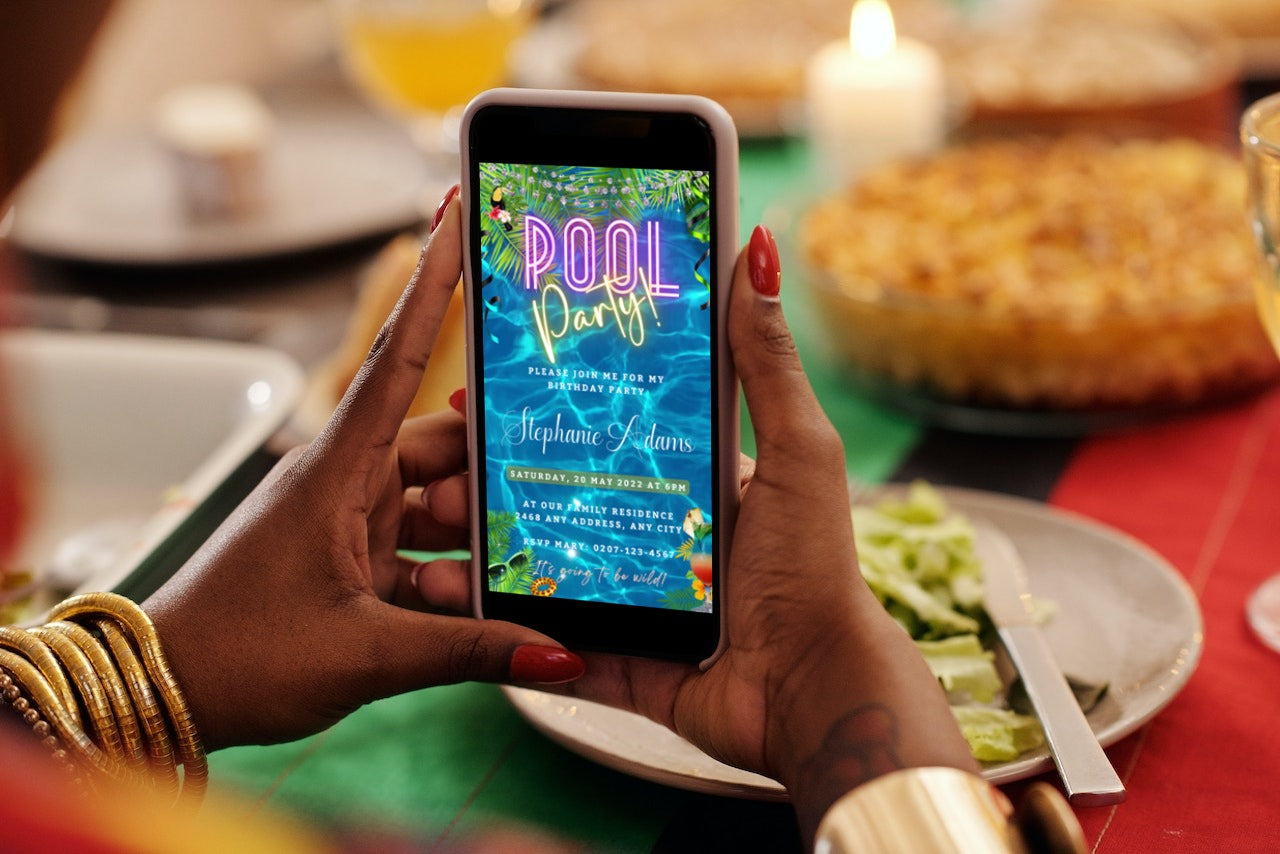 Person holding a smartphone displaying a customizable Blue Water Pool Party Video Invitation template from URCordiallyInvited.