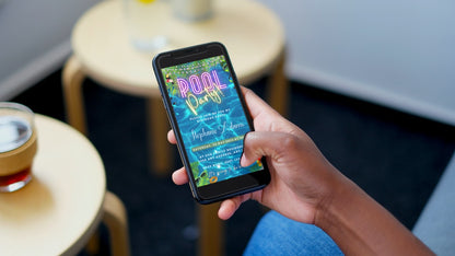 Person holding a smartphone displaying a customizable Blue Water Pool party video invitation template from URCordiallyInvited.