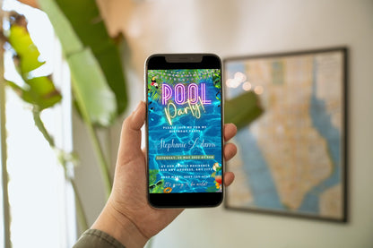 Hand holding a smartphone displaying a customizable Blue Water Pool Party Video Invitation template from URCordiallyInvited.