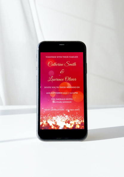 Customizable Fuchsia Gold Glitter Wedding Video Invitation displayed on a smartphone screen, ideal for digital sharing via text, email, or messenger apps.