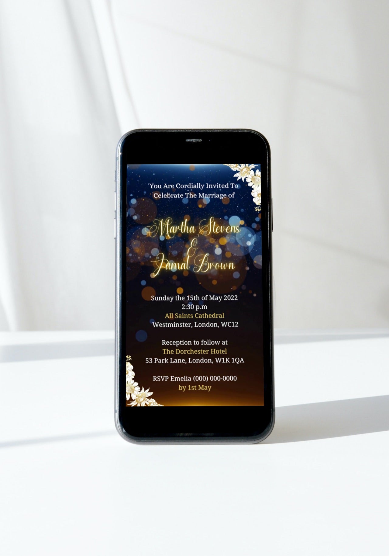 Customizable Gold Blue Floral Wedding Video Invitation displayed on a smartphone screen, showcasing editable text and floral design elements for personalized event invitations.