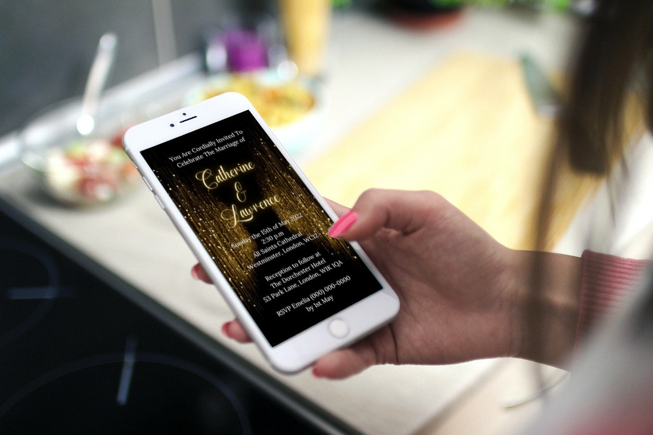 Hand holding smartphone displaying customizable Gold Glitter Curtain Wedding Video Invitation template. Ideal for personalizing with Canva for digital sharing via text, email, or social media.
