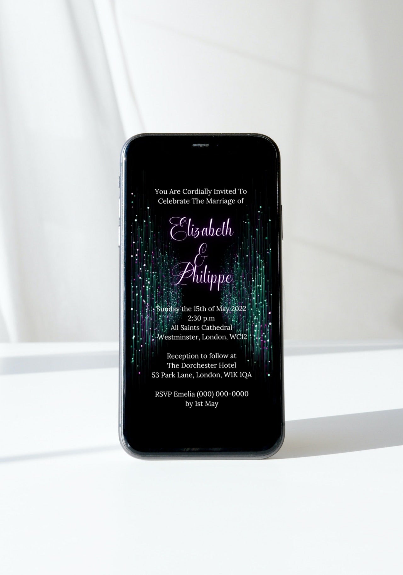 Customisable Digital Green Purple Glitter Wedding Video Invitation displayed on a smartphone screen. Editable via Canva, perfect for eco-friendly electronic invitations.