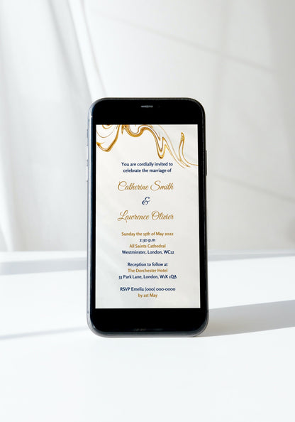 Customisable Digital Gold Silk Agate Wedding Video Invitation displayed on a smartphone screen, showcasing elegant design elements and personalizable text for event details.