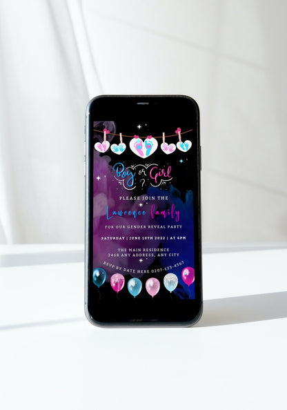 Digital Dark Pink Blue Sky Hearts Gender Reveal Party Video Invitation displayed on a smartphone screen, customizable with Canva.