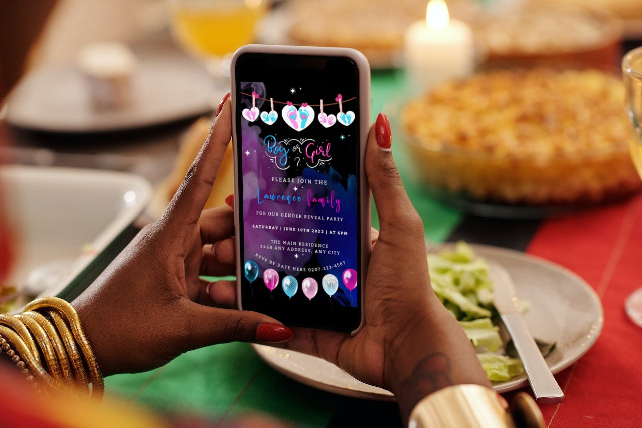 Person holding a smartphone displaying a customizable digital invitation for a gender reveal party, titled Dark Pink Blue Sky Hearts.