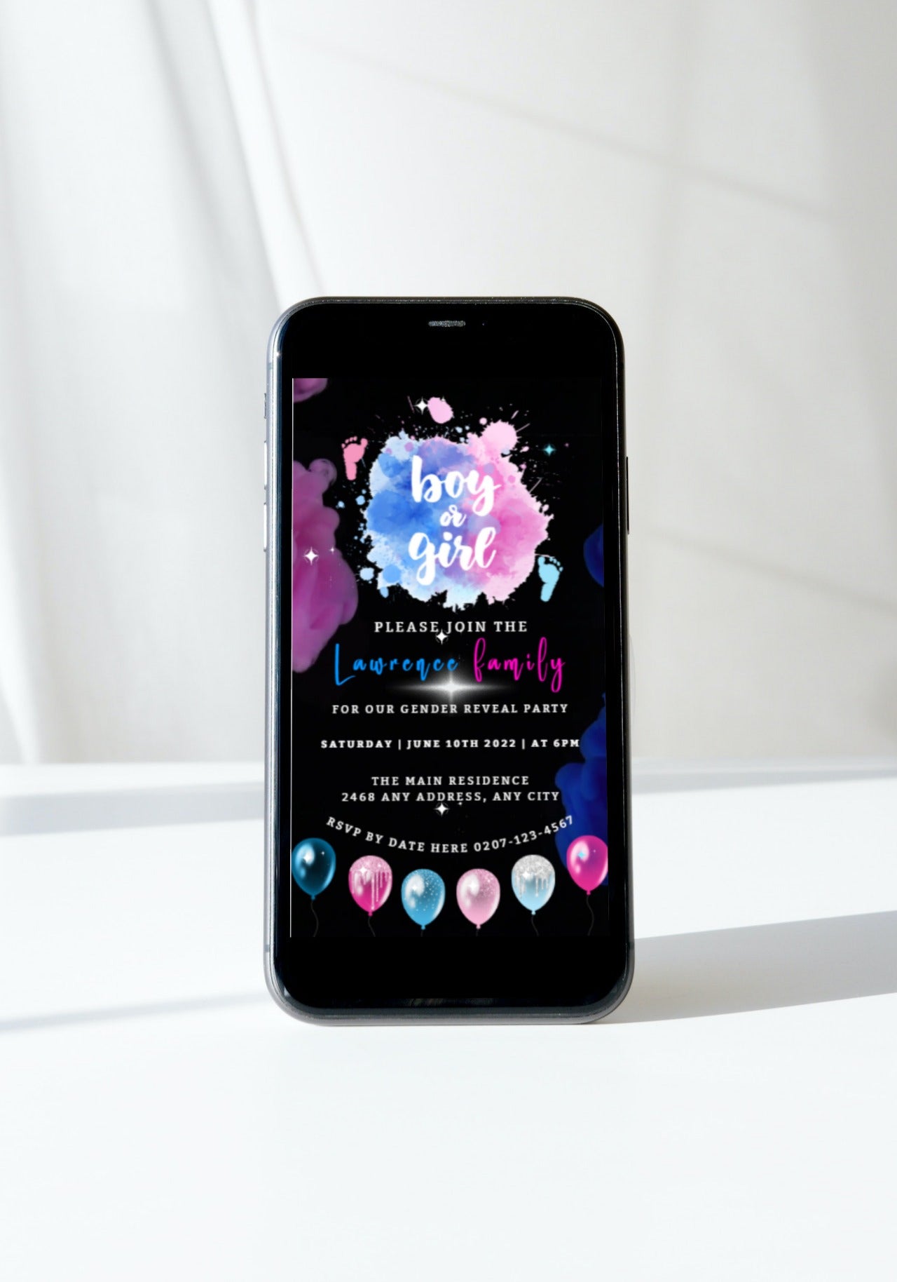 Customizable Digital Gender Reveal Party Video Invitation featuring dark pink and blue feet cloud design, optimized for smartphones. Editable using Canva, ideal for electronic sharing.