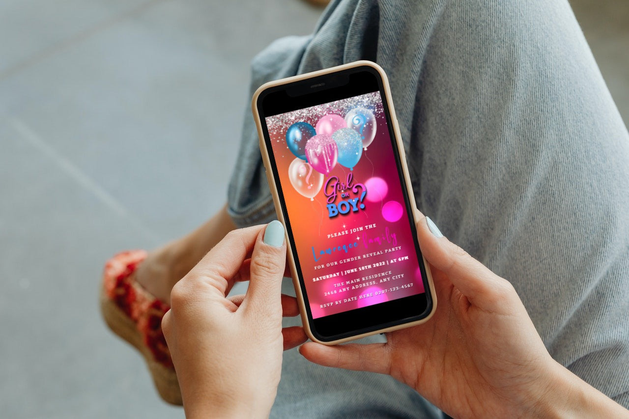 Person holding a smartphone displaying a customizable Glitter Confetti Balloons Gender Reveal Party Video Invitation template.