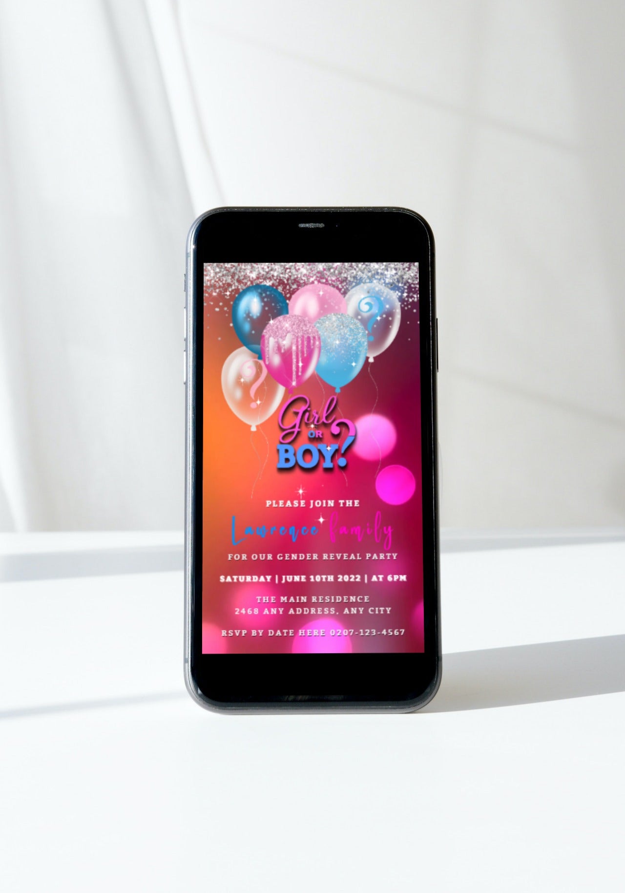 Smartphone displaying a customizable Glitter Confetti Balloons Gender Reveal Party Video Invitation template with pink and blue elements.