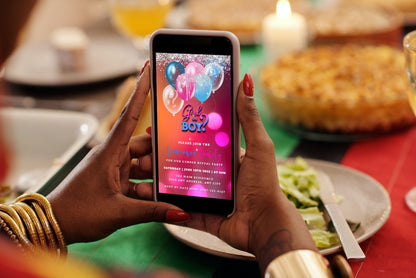 Person holding a phone displaying a customizable Glitter Confetti Balloons Gender Reveal Party Video Invitation from URCordiallyInvited.