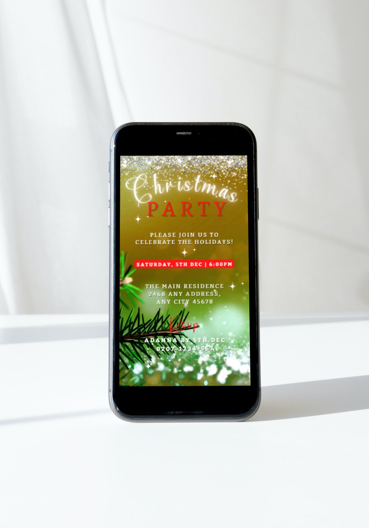 Smartphone displaying a customizable Green Red Gold Glitter Christmas Video Invitation template, perfect for digital event invites. Editable via Canva for easy personalization.