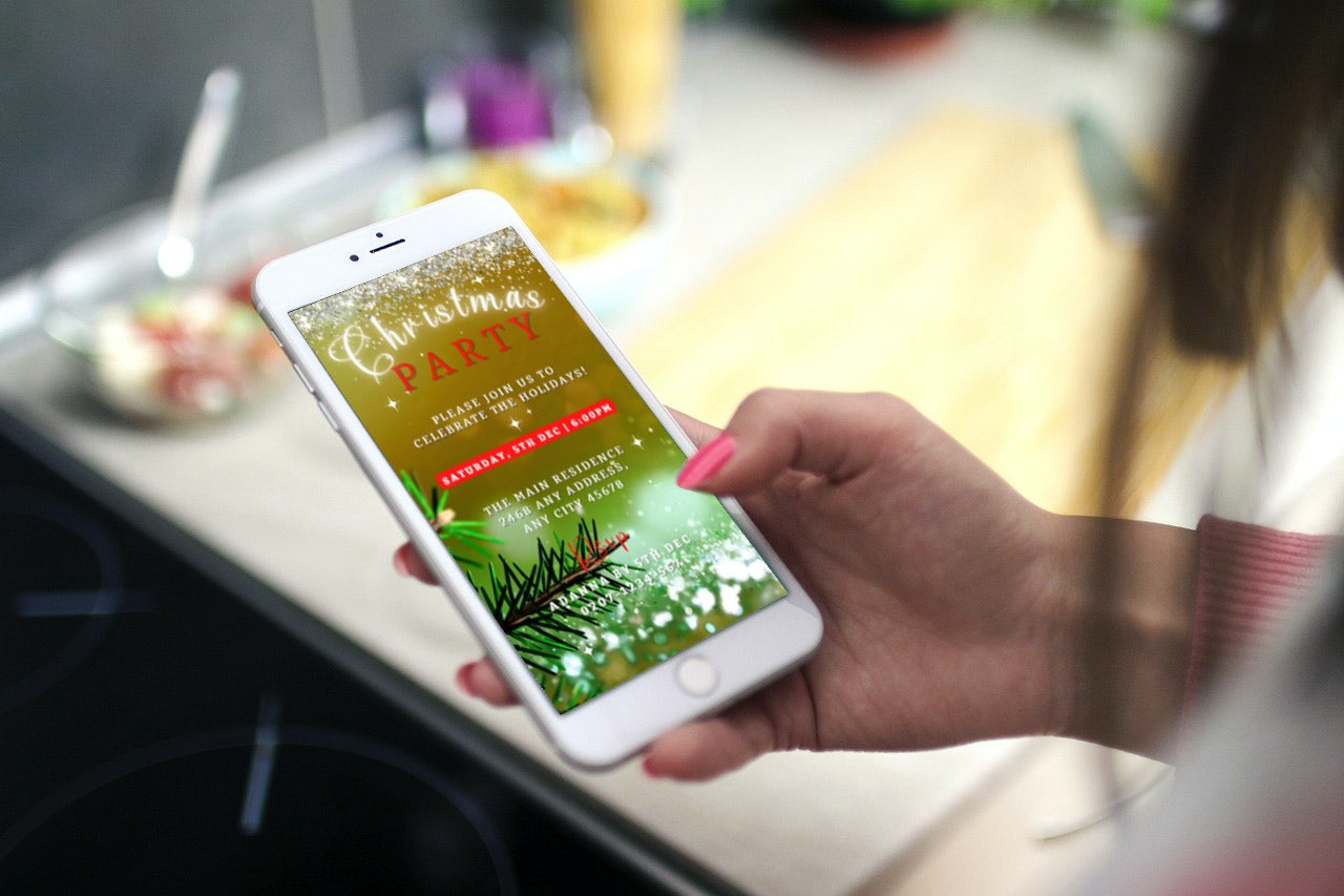 Hand holding a smartphone displaying a customizable Green Red Gold Glitter Christmas Video Ecard, editable via Canva for easy, eco-friendly digital invitations.