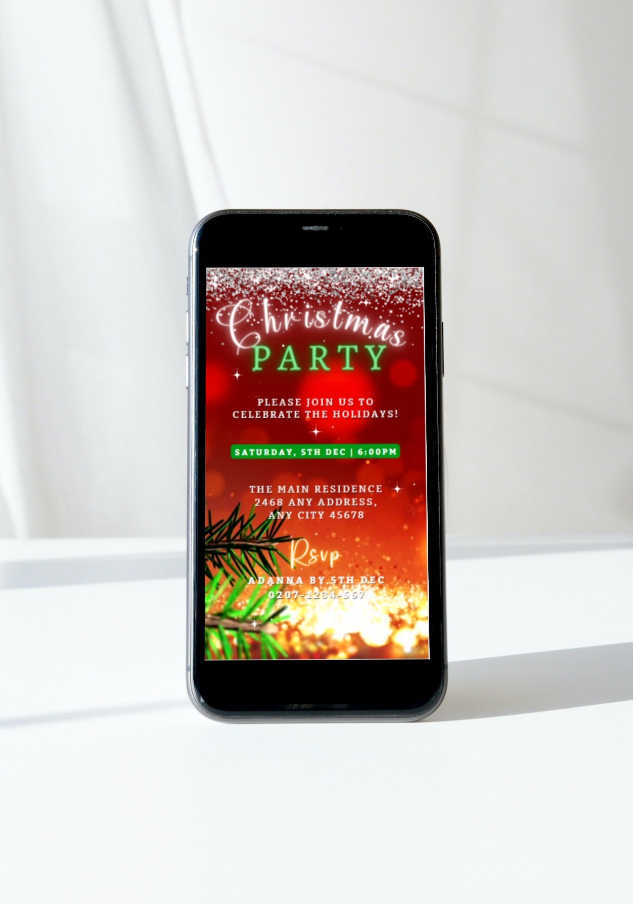 Cell phone displaying a customizable Red Gold Glitter Christmas Video Invitation template with editable text, ready to personalize and share digitally via various apps.