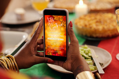 Person holding phone displaying Let's Gather Orange Leaves Bokeh | Thanksgiving Dinner Evite template, promoting customizable digital invitations via Canva.