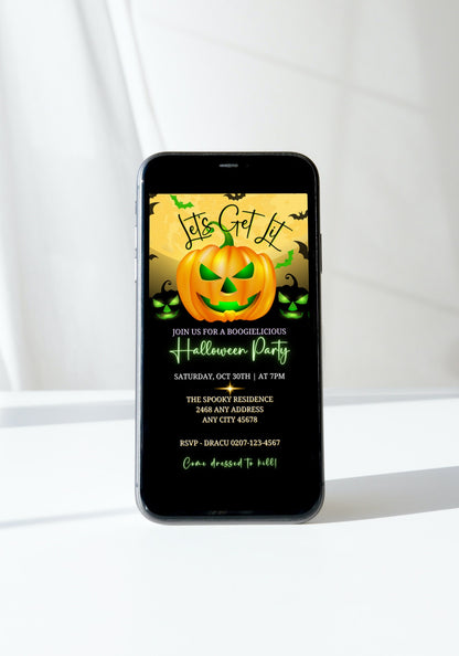 Cell phone showing a Halloween Evite with a green-faced pumpkin and text, emphasizing customizability via Canva for various celebrations.