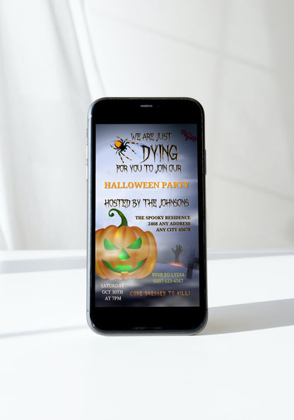 Flying Witch Neon Green Pumpkin Halloween Evite displayed on a smartphone screen, showcasing a customizable digital invitation template available via Canva for personal events.
