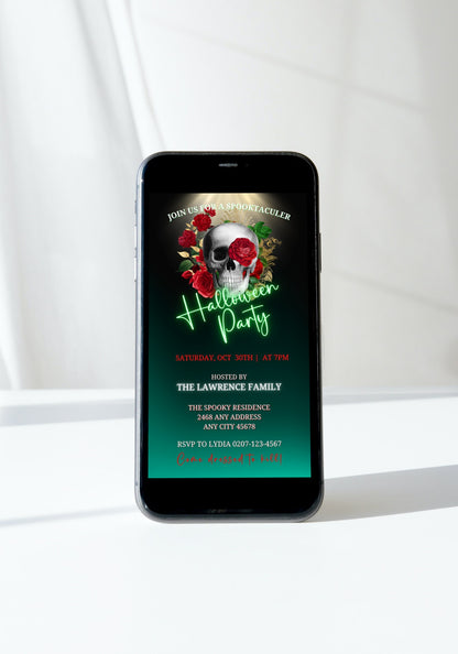 Red Rose Illuminated Skull | Halloween Evite showing a skull with roses on a cell phone screen, customizable via Canva for digital invitations.