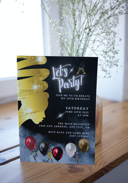 Smoking Gold African Woman Silhouette | Editable Party Evite featuring a black and gold invitation with white flowers, customizable via Canva for digital sharing.