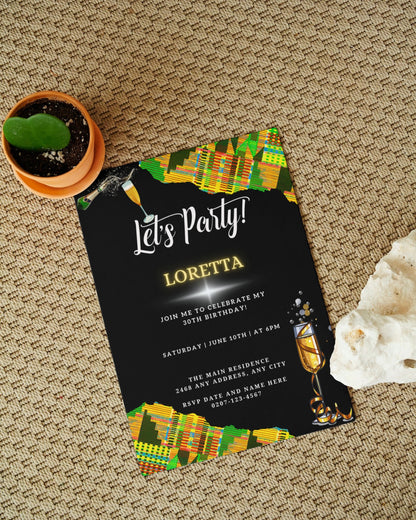 Green Yellow African Kente Editable Birthday Party Evite on a rug with a cactus and rock. Digital customizable invitation template.