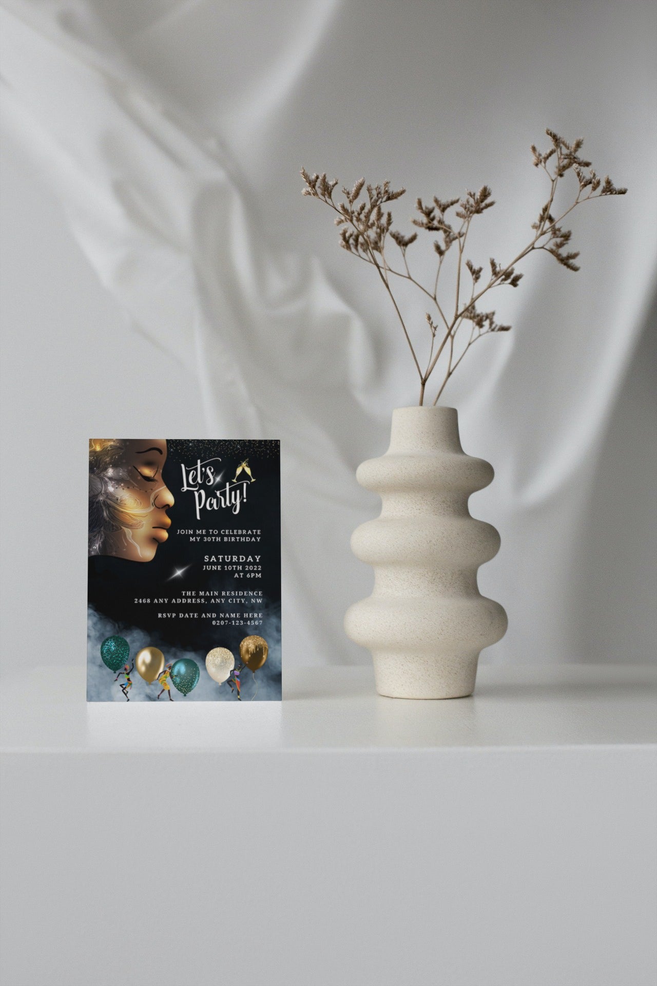 White vase with a plant next to a card showcasing an African Woman Smoking Art Silhouette | Editable Birthday Evite.