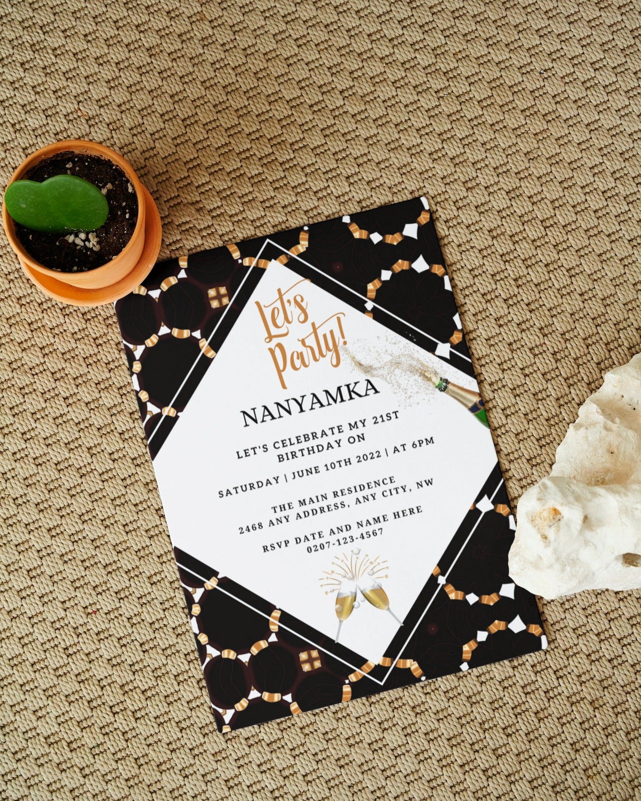Editable White Beige Gold African Ankara Party Evite with plant and gold text, customizable using Canva for easy smartphone, email, or social media sharing.