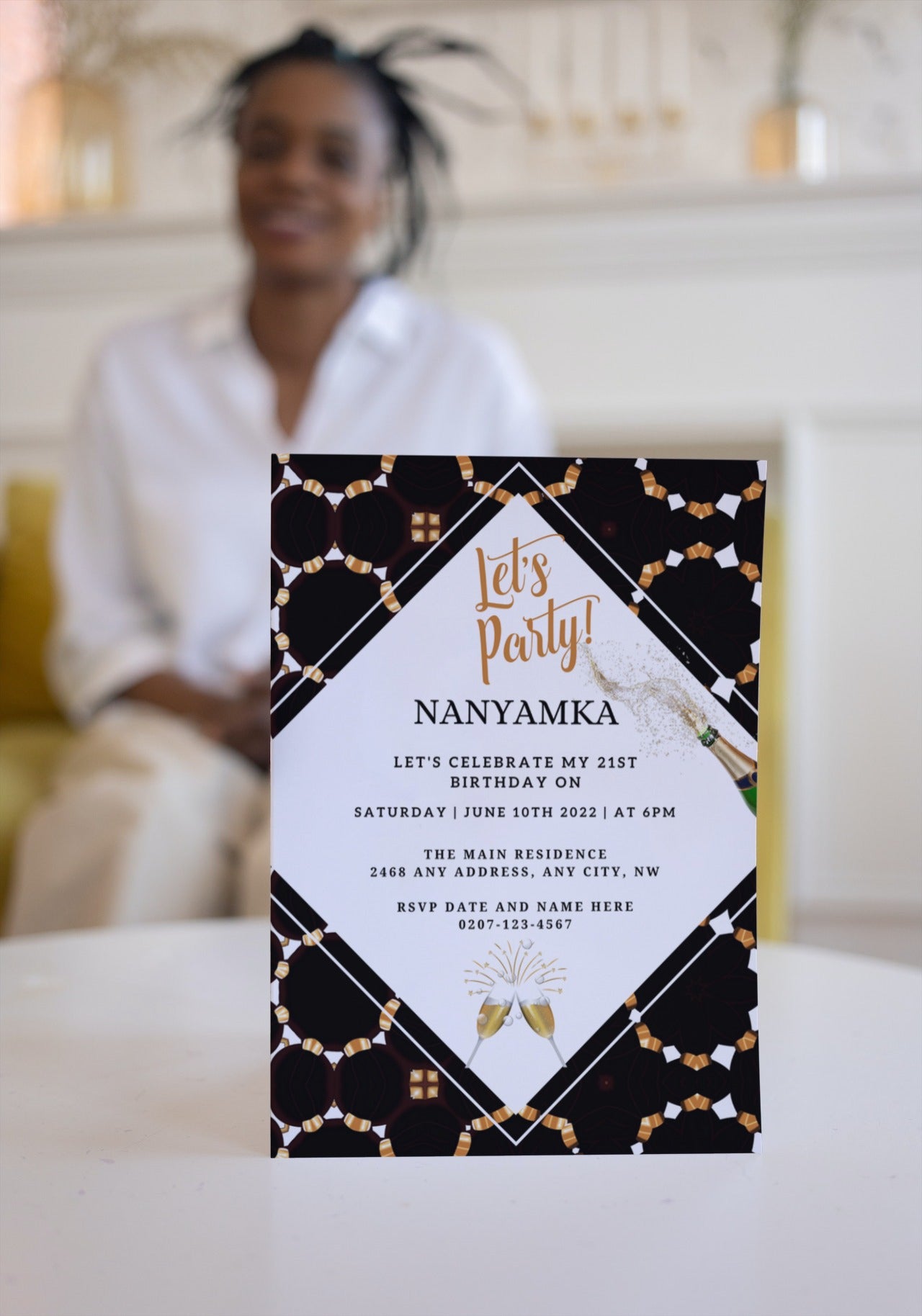 Editable White Beige Gold African Ankara Party Evite, featuring customizable text and design elements, with a woman in the background. Ideal for digital invitations via smartphone.