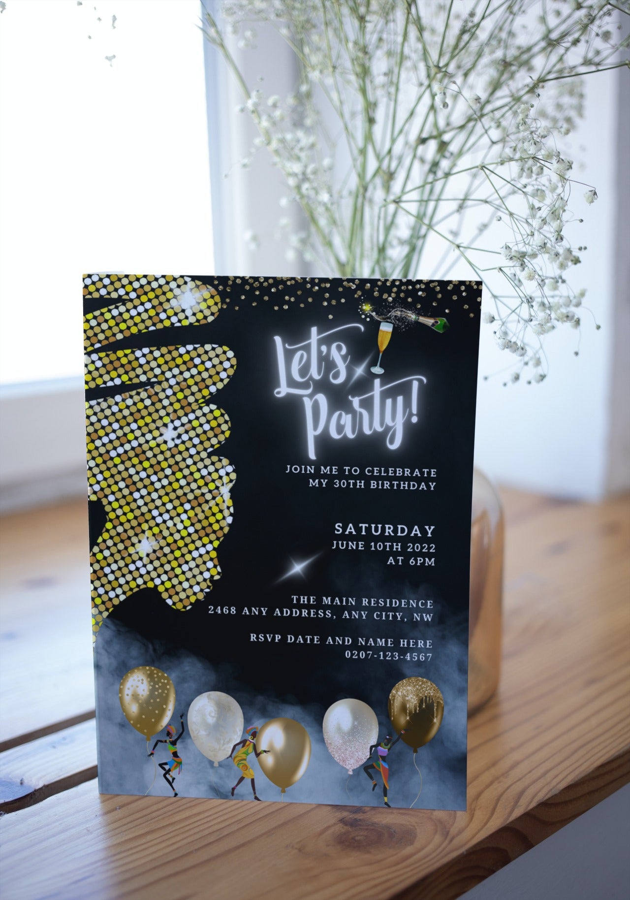 Gold Glitter African Woman Silhouette Editable Party Evite with black and gold invitation, white and black balloons, and a bouquet of flowers.